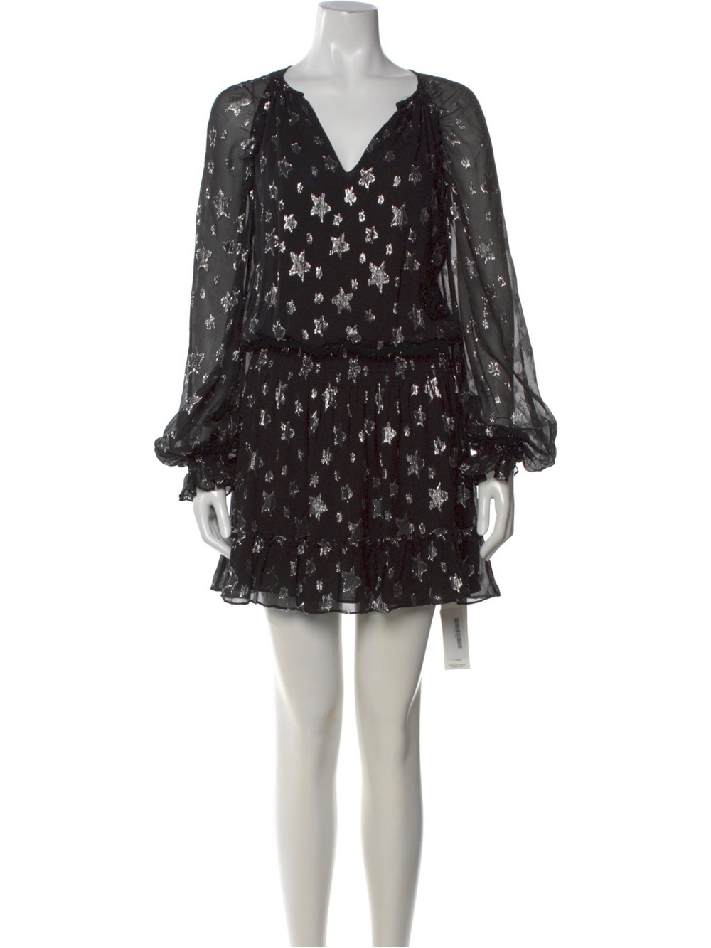 Ramy Brook Reed Puff Sleeve Black Mini Dress with Silver Star Print